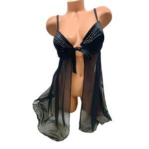 VTG Y2K Sheer Babydoll Lingerie Rhinestone Bow Tie Front Size 18/20 Fashion Bug